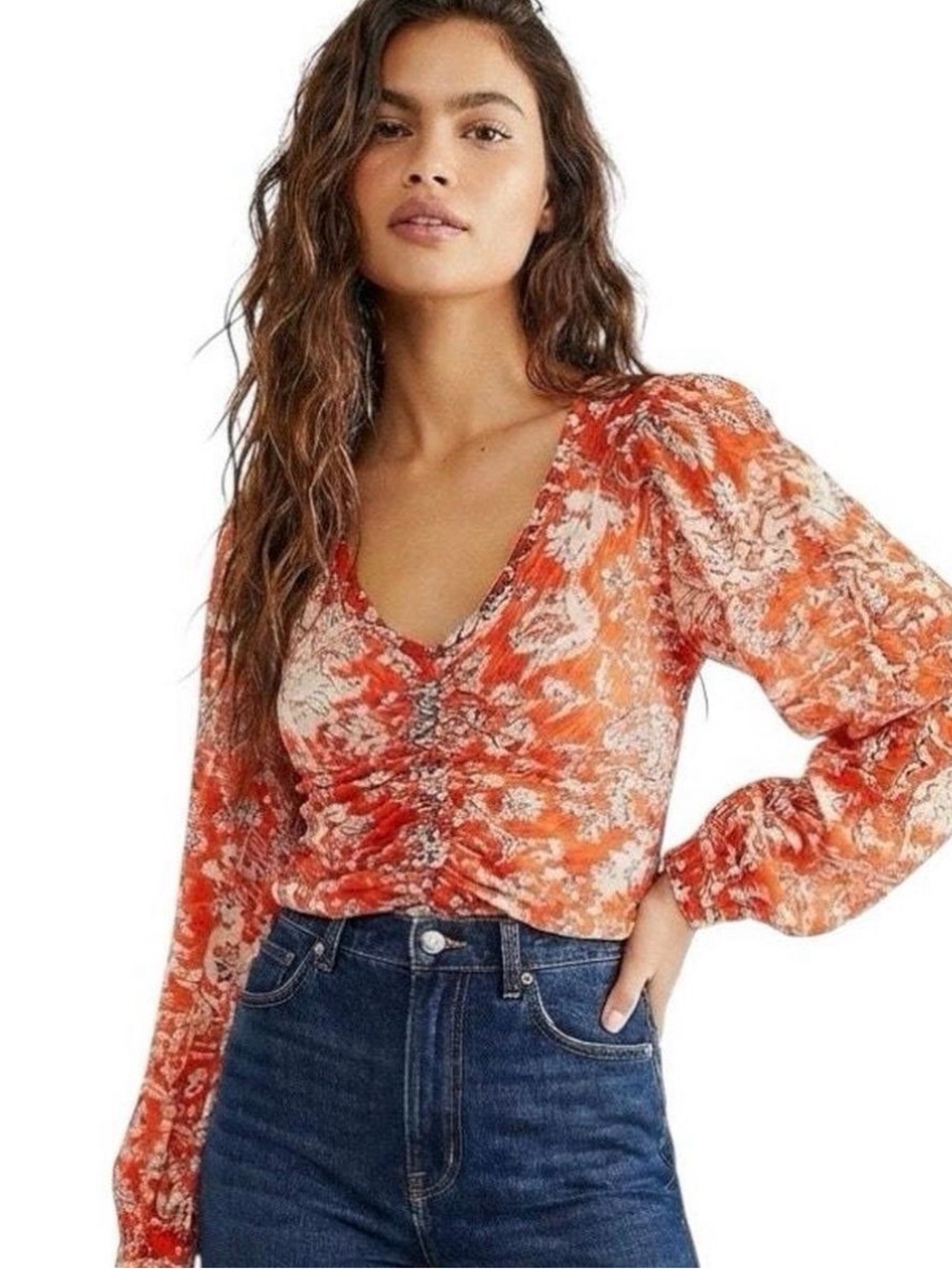 Free People Orange and White Ruched V-Neck Floral Blouse